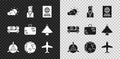 Set Sun and cloud weather, Stewardess, Passport, Plane propeller, Worldwide, Fuel tanker truck and Suitcase icon. Vector