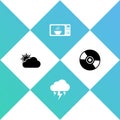 Set Sun and cloud weather, Storm, Microwave oven and CD DVD disk icon. Vector