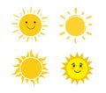 Set of sun isolated on white background. Smiling cartoon sun. Vector illustration
