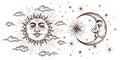 Set of Sun, Moon and Crescent, hand drawn in engraving style. Vector graphic retro illustrations. Royalty Free Stock Photo