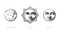 Set of Sun, Moon and crescent, hand drawn in engraving style. Vector graphic retro illustrations. Royalty Free Stock Photo