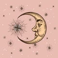 Set of Sun, Moon and Crescent, hand drawn in engraving style. Vector graphic retro illustrations. Royalty Free Stock Photo