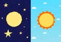 Set of sun and moon, day and night with sky, cloud, and star background. Day and night illustrations of sun and moon. Illustration