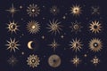 Set of sun, moon and star icons. Vector sky sign