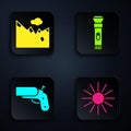 Set Sun, Mountains, Flare gun pistol and Flashlight. Black square button. Vector