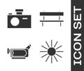 Set Sun, Photo camera, Cinema camera and Bench icon