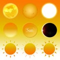 Set of sun realistic and icon different style. Vector illustration. Royalty Free Stock Photo