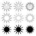 Set of 3 sun in retro style line art and simple style. Stars. Astrology astronomy. Magic sign