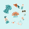 Set of sun Safety clothing and cosmetics. Cute set of illustrations of clothing, accessories and sunscreen cosmetics