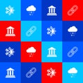 Set Sun and snowflake, Cloud with rain, Bank building and Chain link icon. Vector Royalty Free Stock Photo