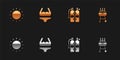 Set Sun, Swimsuit, Aqualung and Barbecue grill icon. Vector Royalty Free Stock Photo