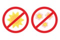 A set of sun and three flowers in the 3D style under the sign of a ban. Sticker. Icon. Isolate. EPS
