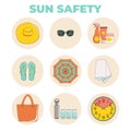 Set of sunbathing beach essentials icons. Skin protection