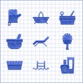 Set Sunbed and umbrella, Swimming pool with ladder, Ointment cream tube, Sauna broom, bucket, Mortar pestle, ladle and