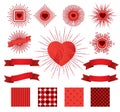 Set of sunburst, hearts, ribbons and patterns for celebrating Valentines Day.