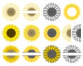 Set of sunflower. Split monogram. Vector paper cut template. Sunflower mandala