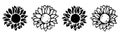 Set of sunflowers. Vector black silhouettes of sunflowers isolated on a white background