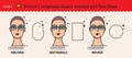 Set 1. Sunglasses shapes guide. Women`s sunglasses shapes matched with face shape. Various forms of sunglasses. Vector