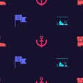 Set Sunken ship, Pirate flag with skull, Anchor and Leather pirate boots on seamless pattern. Vector