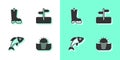 Set Sunrise, Waterproof rubber boot, Fish and Road traffic sign icon. Vector Royalty Free Stock Photo