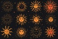 Set of suns with different faces on a black background Royalty Free Stock Photo