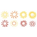 Set of suns. Flat, yellow, collection of suns and shades. Vector icons Royalty Free Stock Photo