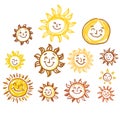 Set of suns. Flat, yellow, collection of suns and shades. Vector icons Royalty Free Stock Photo
