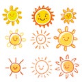 Set of suns. Flat, yellow, collection of suns and shades. Vector icons Royalty Free Stock Photo