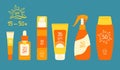 Set of sunscreen bottles, tubes with different SPF from 15 to 50. Sunscreen protection and sun safety. Sunscreen cream, lotion