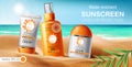 Set of sunscreen cream, lotion and oil. UVA UVB protection. Water resistant. Realistic. Sea shore and leaves background Royalty Free Stock Photo