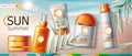 Set of sunscreen cream, lotion, spray and oil. UV protection. Water resistant. Realistic. Beach and leaves background