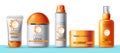 Set of sunscreen cream, lotion, spray and oil. UV protection. Water resistant. Realistic