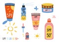 Set with sunscreen products in different packages, SPF in cartoon style. Protection for the skin from solar ultraviolet Royalty Free Stock Photo