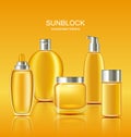 Set Sunscreen Protection Cosmetics. Sun Care Containers Royalty Free Stock Photo