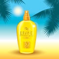 Set of sunscreen sprays and palm branches on a marine background. Vector illustration. Ready-made concept for packaging and advert