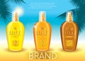 Set of sunscreen sprays and palm branches on a marine background. Vector illustration. Ready-made concept for packaging and advert