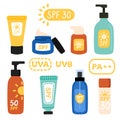 Set of sunscreen, sun protection products in flat style. Cream, tubes, bottles and spray with SPF. Set of UVA, UVB, PA Royalty Free Stock Photo