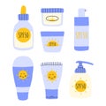 Set of Sunscreens, lotions with SPF. Sunscreen protection and sun safety.