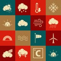 Set Sunset, Wind turbine, Cloud with rain, Thermometer, Sunrise, Windy weather and icon. Vector