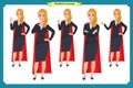 Set of super Businesswoman character design with different poses. Illustration isolated vector on white in flat cartoon style. Royalty Free Stock Photo