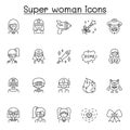 Set of Super woman Related Vector Line Icons. Contains such Icons as mask, costume, power, action, weapon, monster, wand, sword Royalty Free Stock Photo