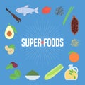 Set of superfoods products, berries, fruits, vegetables in vector
