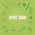 Set of superfoods products, berries, fruits, vegetables in vector