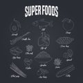 Set of superfoods products, berries, green on blackboard in vector