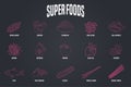 Set of superfoods products, berries, roots in vector