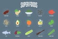 Set of superfoods products, berries, roots in vector