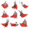 Superhero business men in different poses. Cartoon characters in formal clothes with ties and red capes. Career Royalty Free Stock Photo