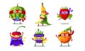 Set of superhero humanized characters fruits and berries in masks and capes. Vector illustration in flat cartoon style. Royalty Free Stock Photo