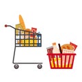 Set Supermarket self service shopping carts baskets trolley full grocery food products. Vector isolated illustration Royalty Free Stock Photo