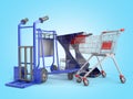 A set of supermarket trolleys for different loads 3d render on blue gradient